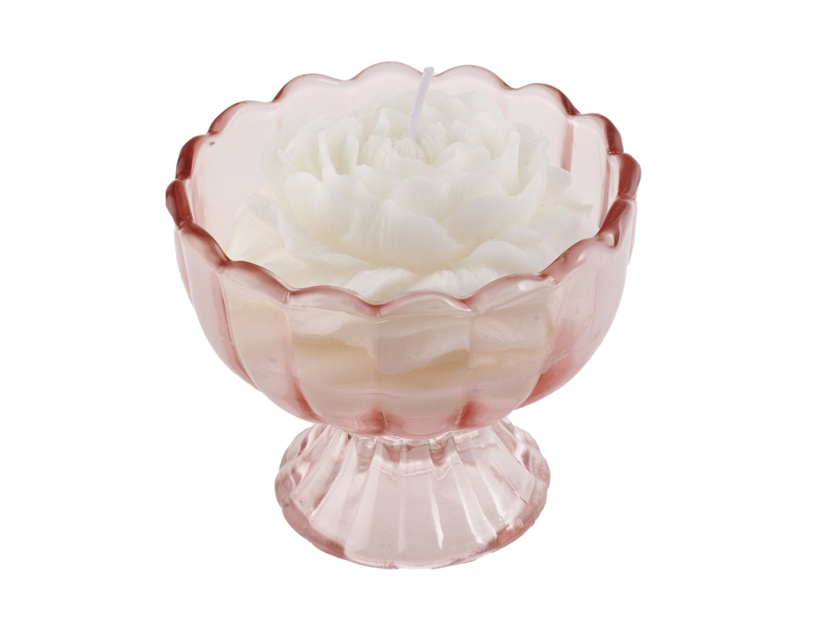 Candela in alzatina vetro rosa 9x7 cm