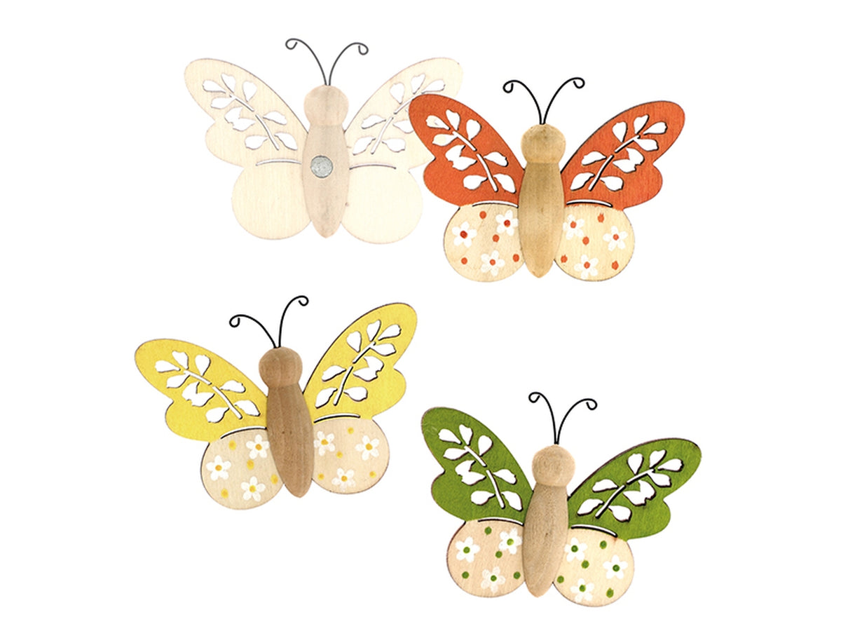 Farfalle in legno ali traforate con margherite in 3 colori assortiti misura 8,5x6cm