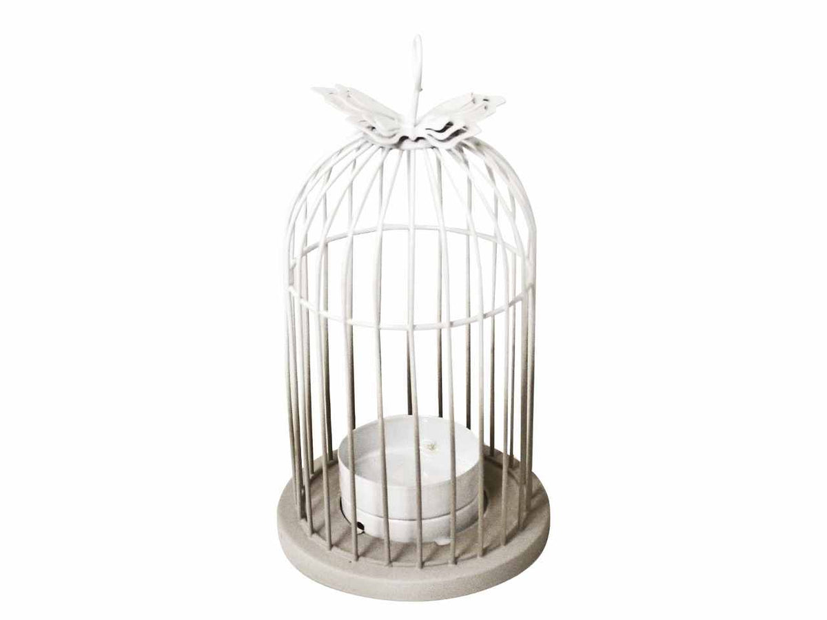 Gabbia in metallo porta t-light, bianca con base tortora , misura articolo: 10x10x19cm