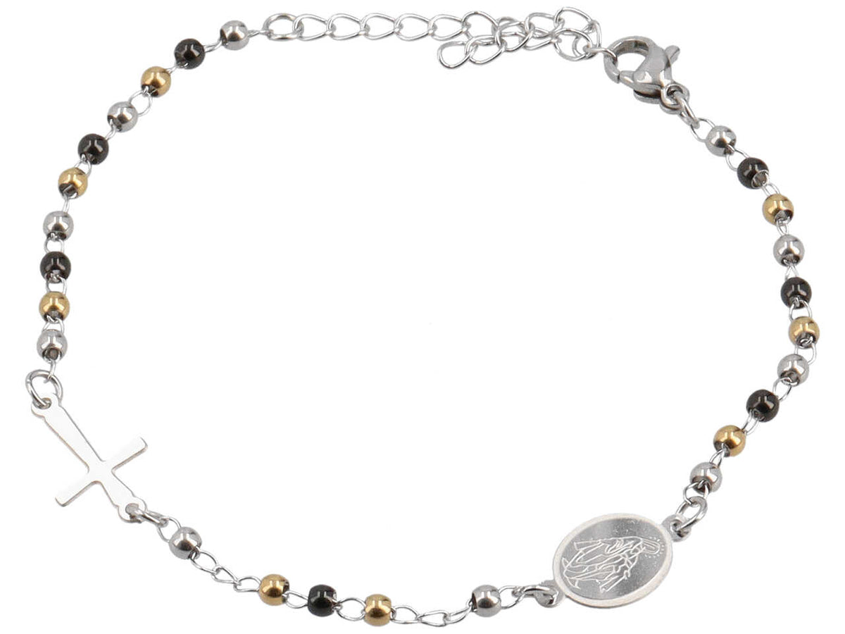 Bracciale rosario con sfere oro, acciaio e nere