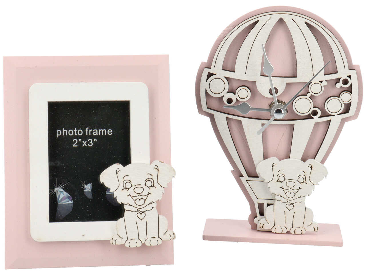 Set porta foto + orologio cane rosa