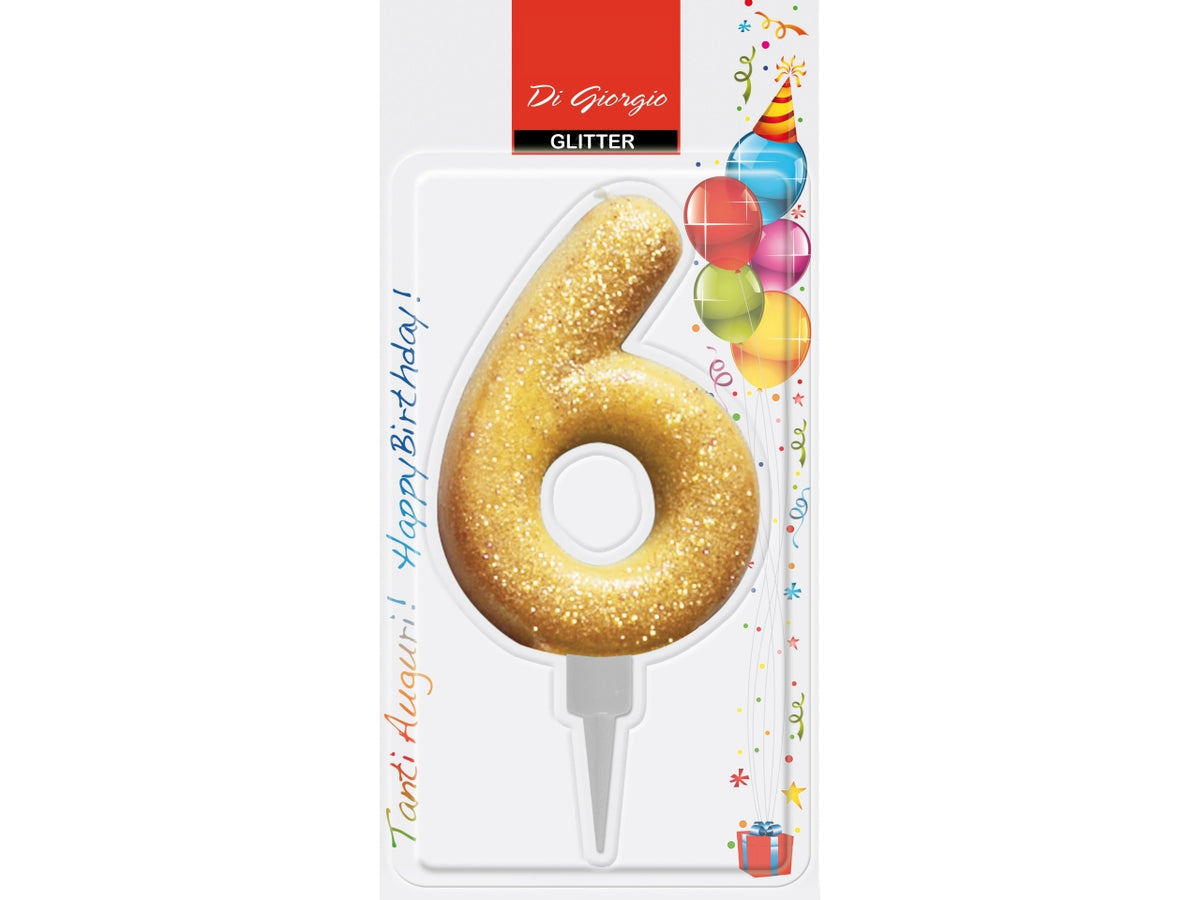 Candela 12cm glitter colorato numero 6