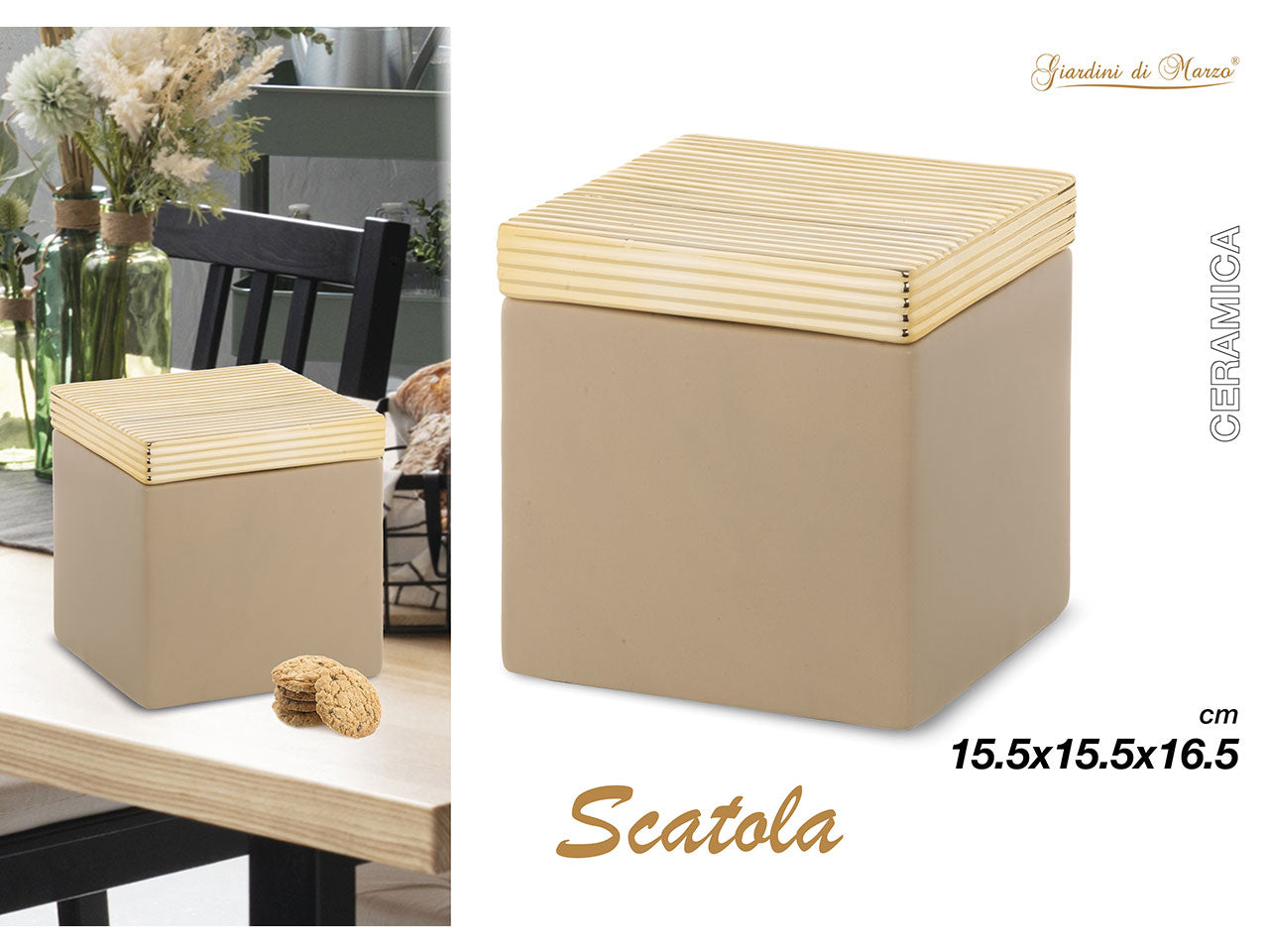 Scatola quadrata in ceramica 15,5x15,5xh.16,5cm con base oro
