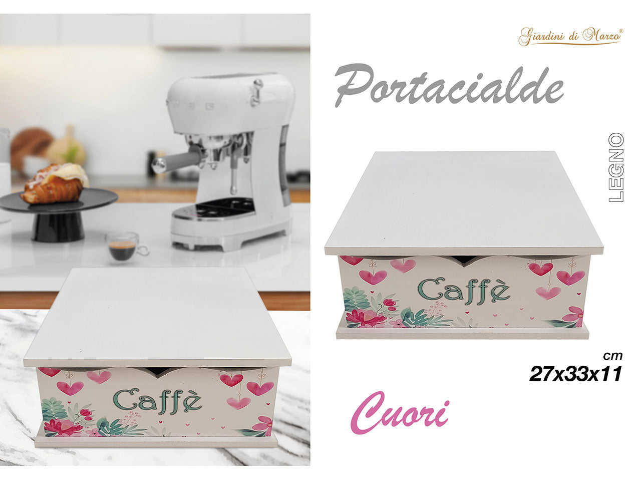Portacialde in legno 27x33xh.11cm bianco con stampa cuori