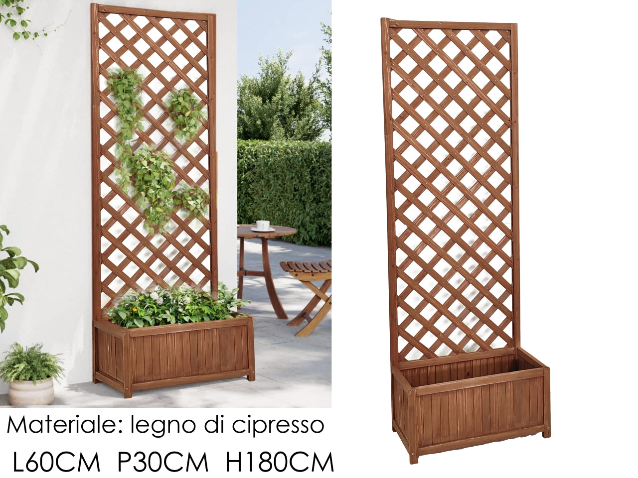 Steccato in legno con fioriera l.60xp.30xh.180cm