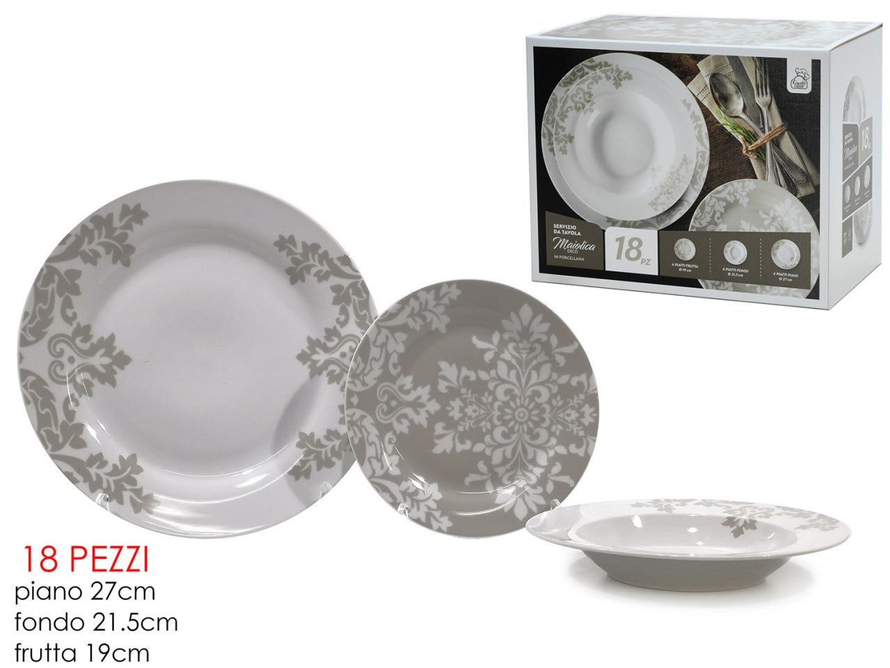 Servizio di piatti con decoro maiolicada 18pz in porcellana