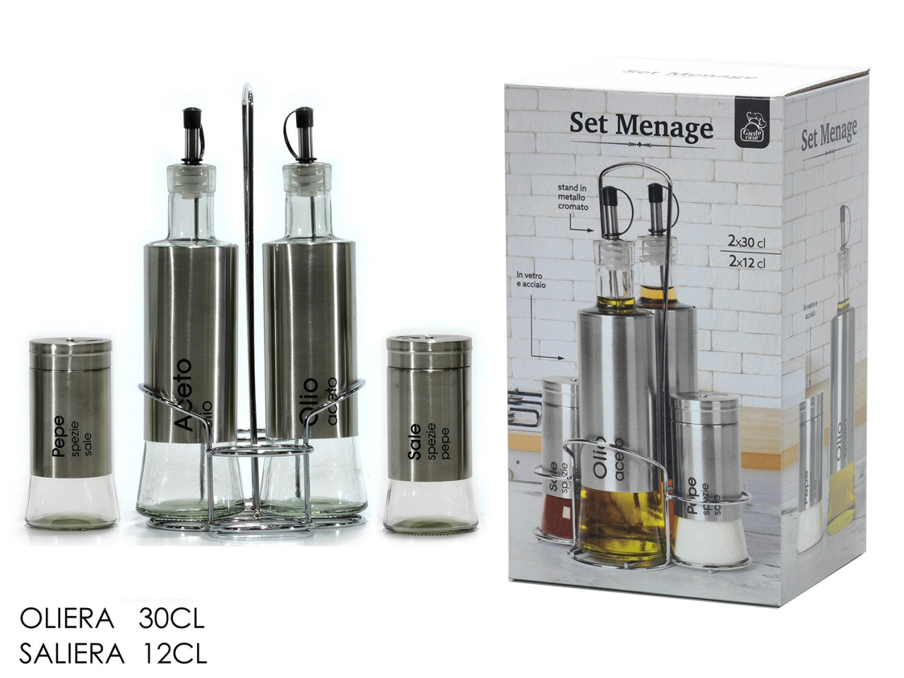 Set olio aceto sale e pepe conposto da 4 pezzi con stand
