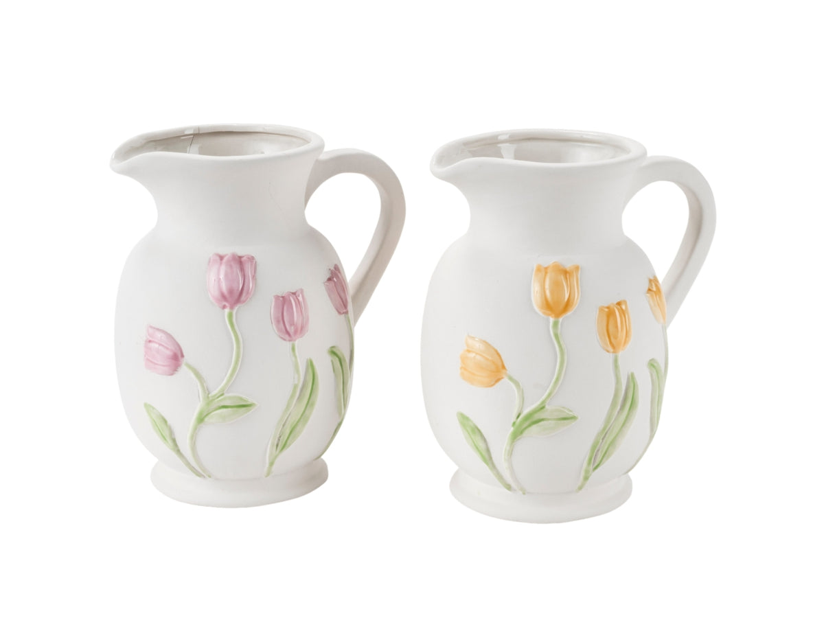 Brocca dolomite con tulipani in rilievo d.13 h.18,5 cm in 2 colori assortiti