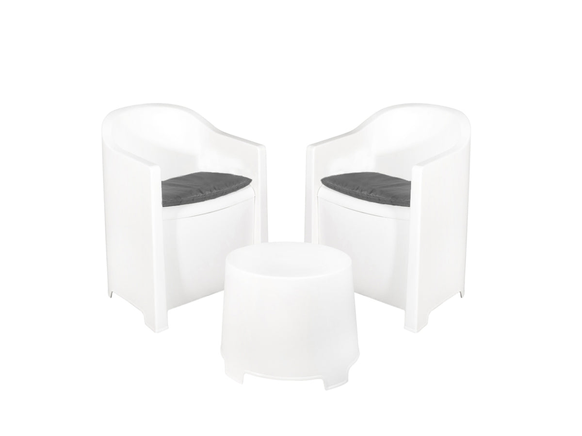 Set luna 2 poltrone 1 tavolino bianco con cuscini