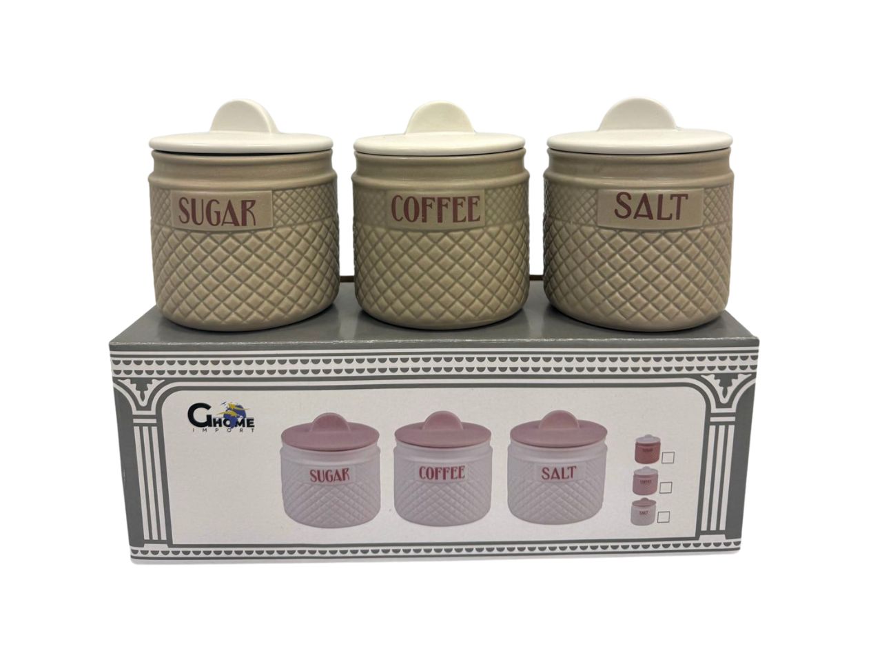 Tris barattoli in ceramica 400ml zucchero, sale e caffe' tortora e bianco