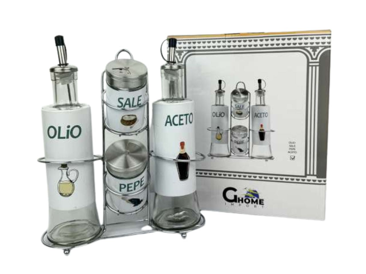 Set menage 4 pezzi in vetro con supporto composto da olio aceto 400ml sale e pepe 90ml
