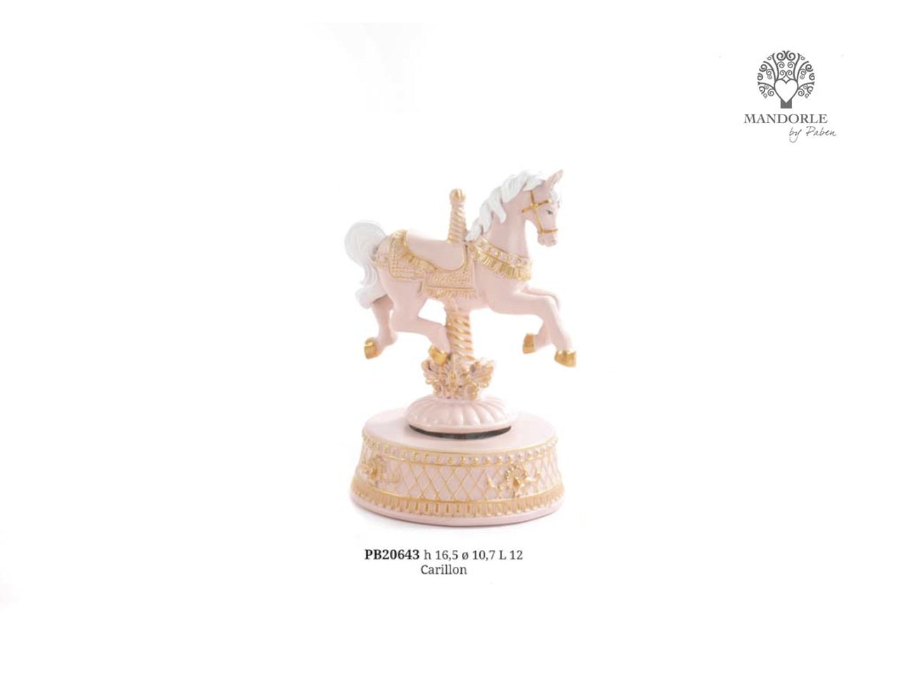 Carillon cavallo da giostra in resina 16,5cm rosa e oro