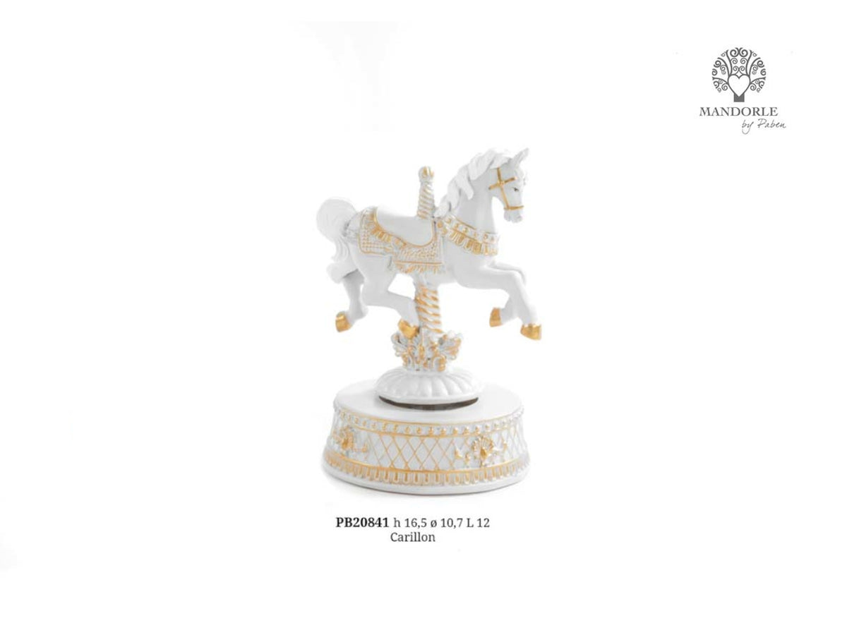 Carillon cavallo da giostra in resina 16,5cm bianco e oro