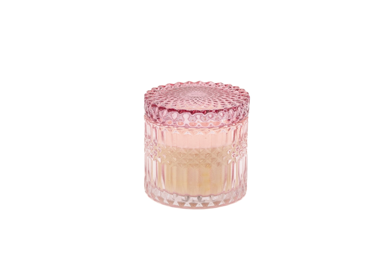 Candela con cofanetto e coperchio in vetro decorato 9x9cm rosa