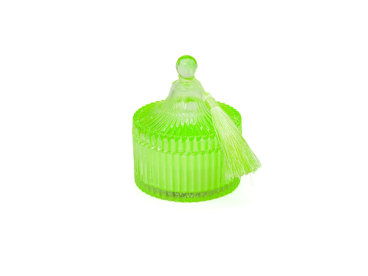 Candela con cofanetto e coperchio in vetro rigato 10x12cm verde