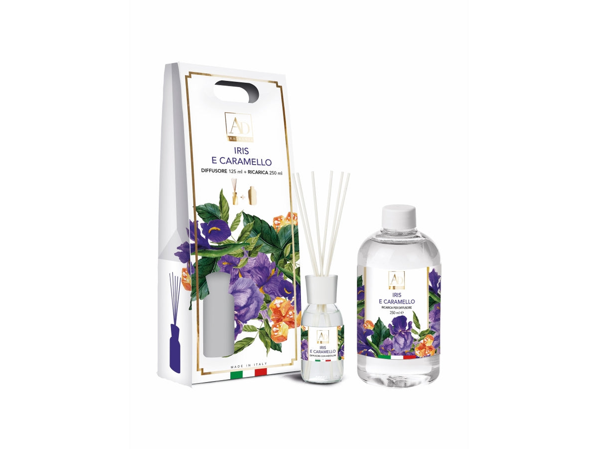 Diffusore di essenze 125ml e ricarica 250ml fraganza iris e caramello
