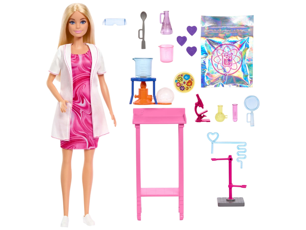 Barbie scienziata, set bambola bionda con camice bianco da laboratorio e accessori inclusi