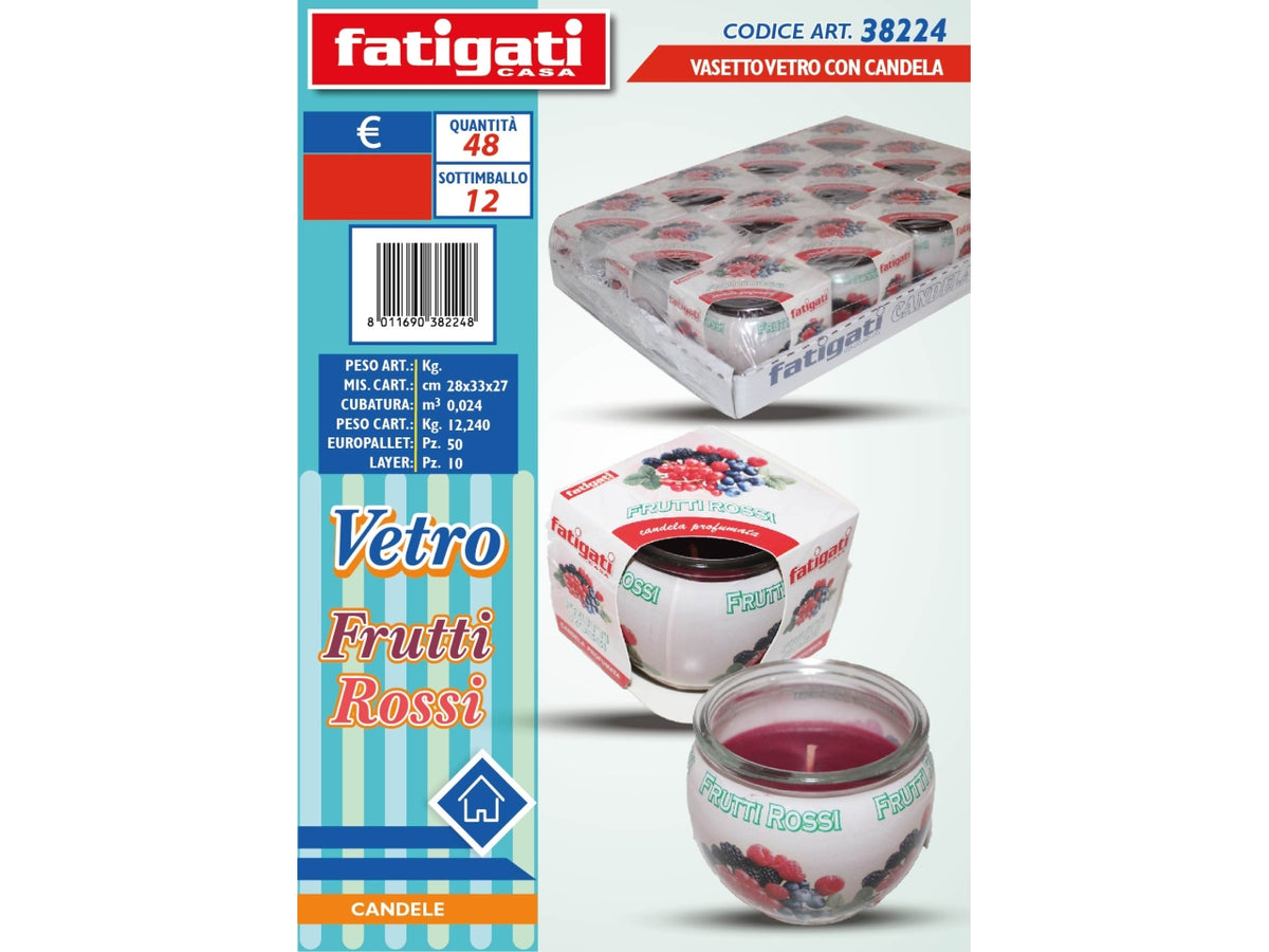 VASETTO VETRO CON CANDELA PROFUMAZIONE FRUTTI ROSSI