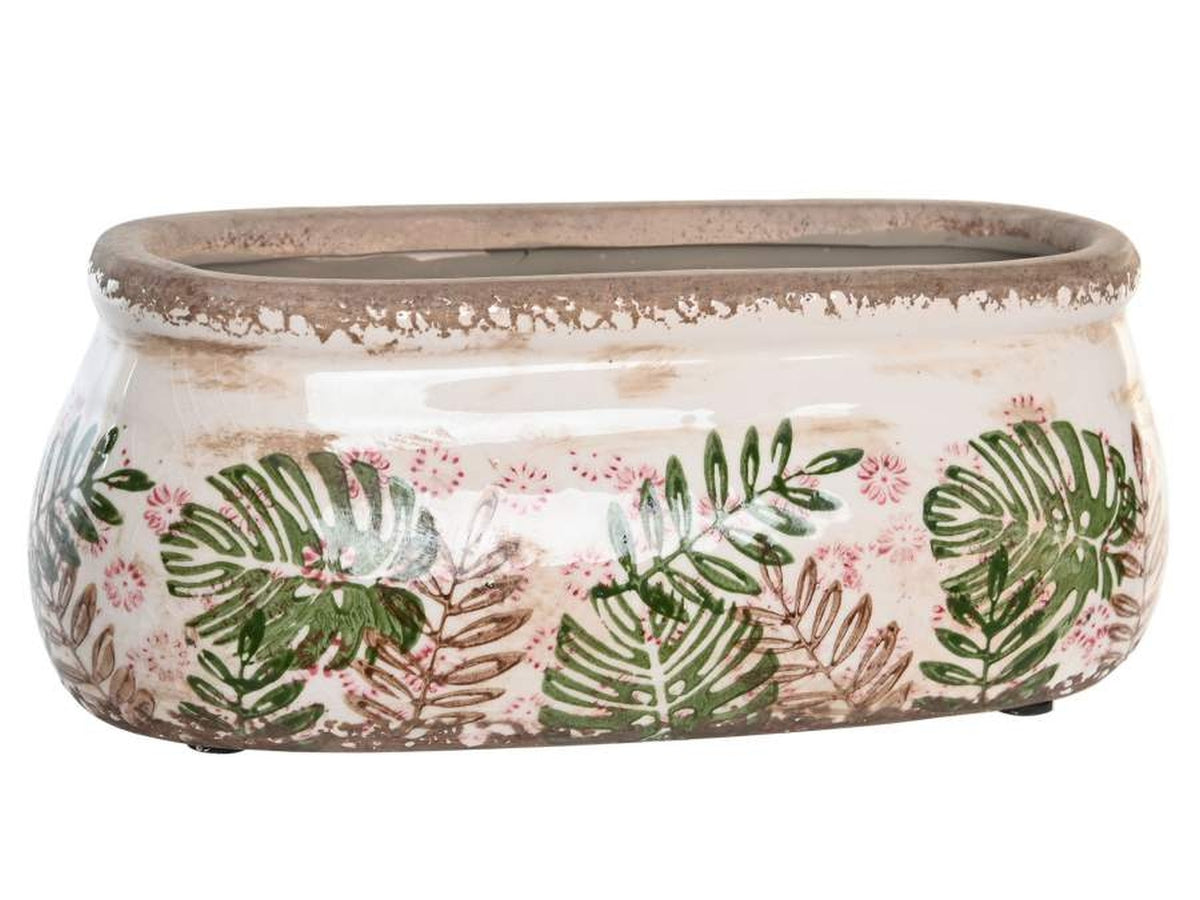 Fioriera con foglie in gres porcellana 23x10x9cm di colore bianco