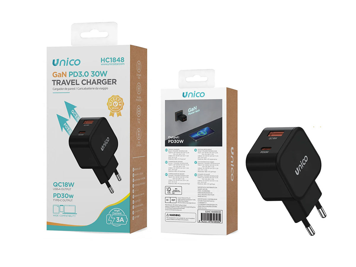 Caricabatterie doppio USB A+C 30W GaN CE