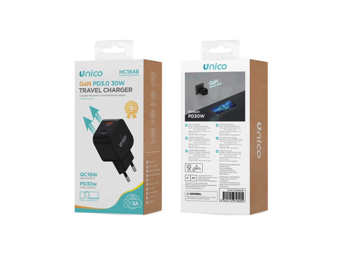 Caricabatterie doppio USB A+C 30W GaN CE