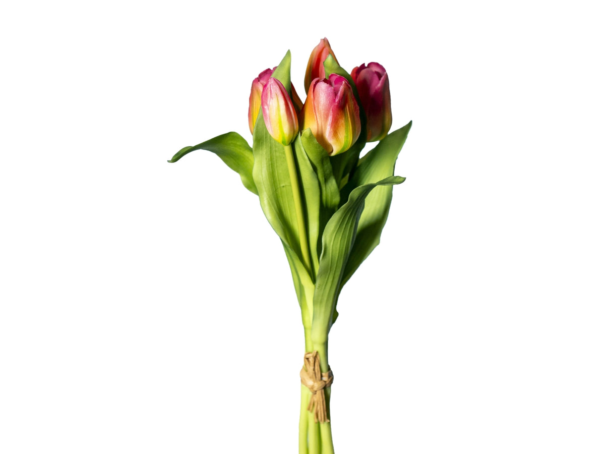 Mazzetto tulipani real touch 30cm con 3 fiori e 2 boccioli fucsia-verde