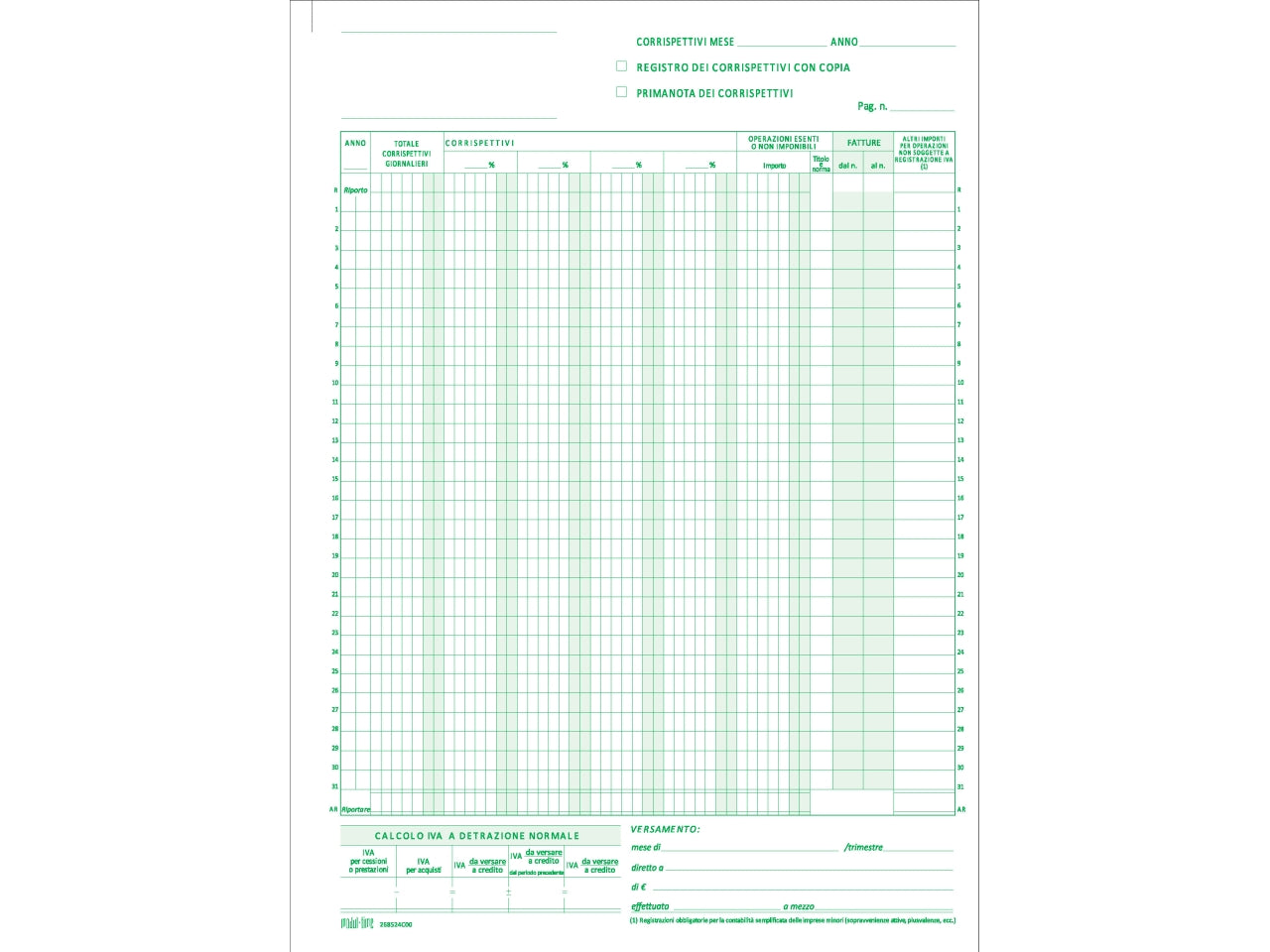 Registro prima nota iva corrispettivi 25x2 copie autoricalcante 29,7x21cm