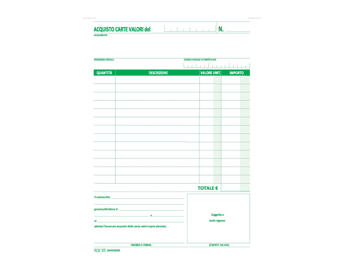 Ricevuta acquisto valori bollati 50x2 copie autoricalcante 21,5x14,8cm