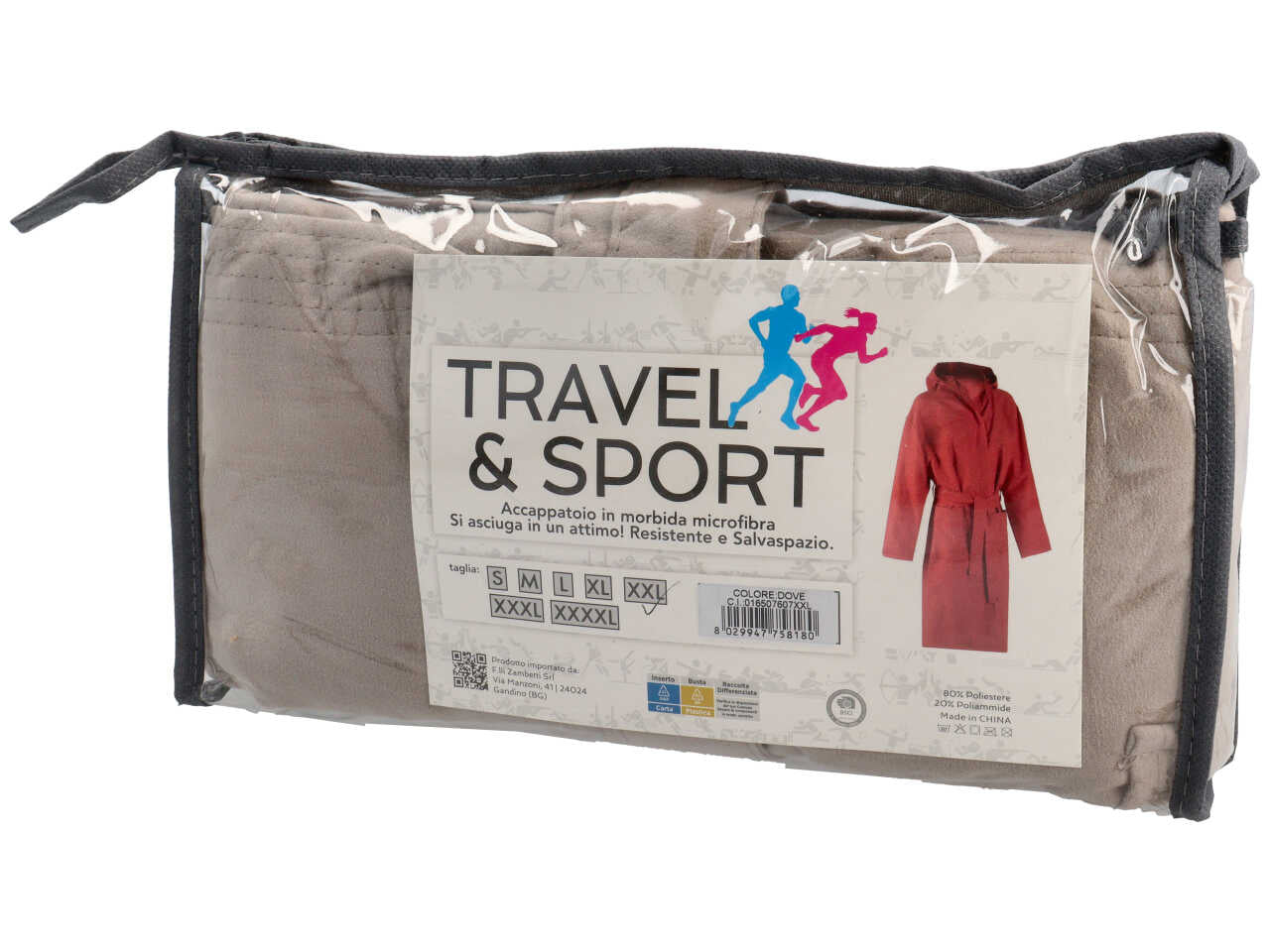 Accapatoio microfriba linea Travel Poch di colore tortora taglia XXL