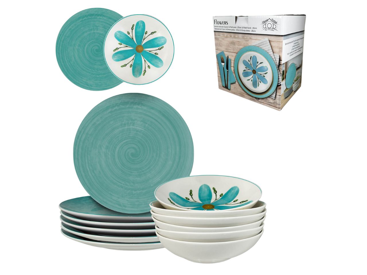Servizio piatti 12 pezzi Flowers azzurro