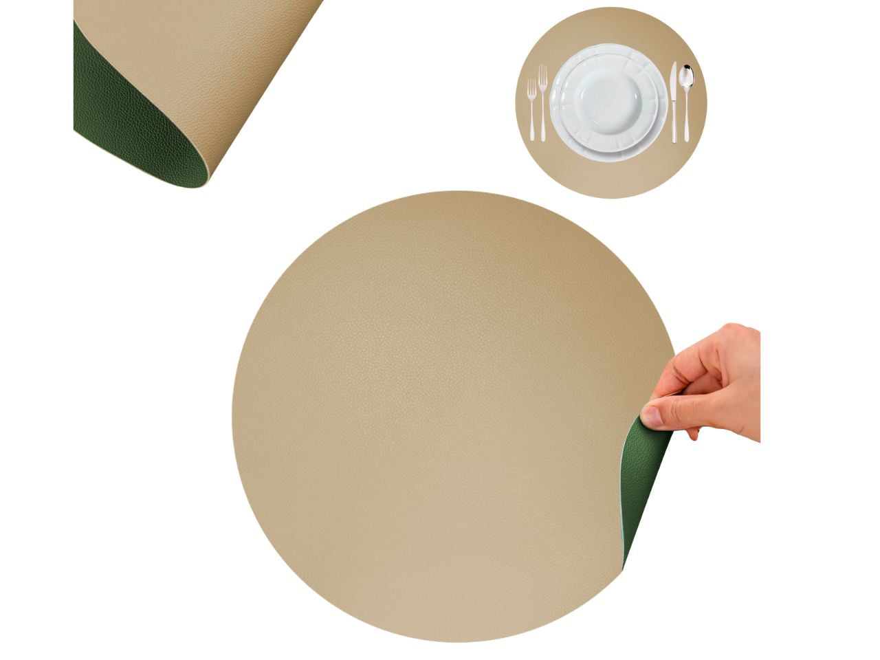Tovaglietta tonda similpelle cm38 di colore biscotto e verde