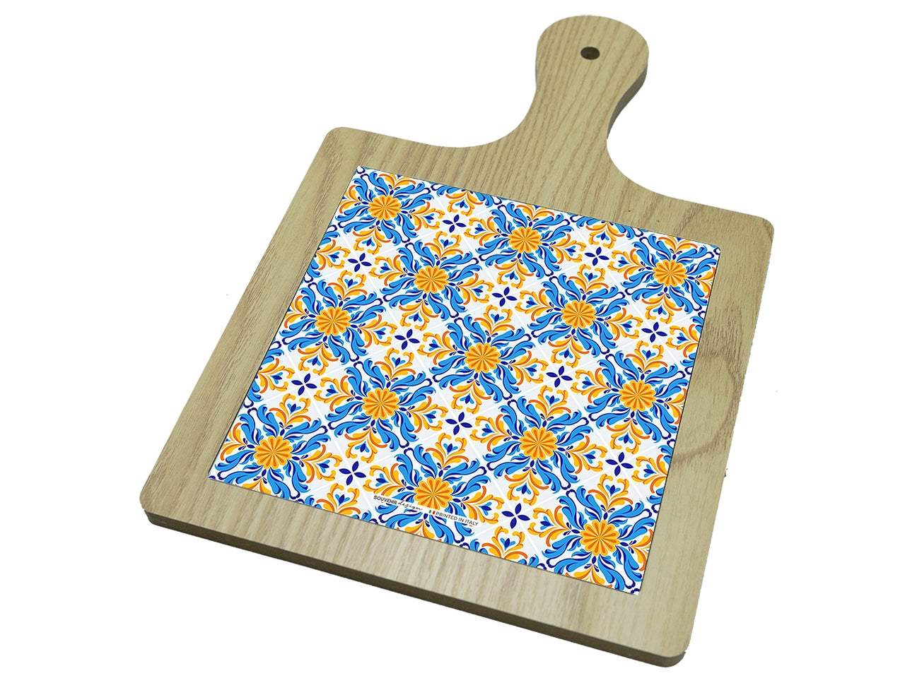 Tagliere quadrato in mdf 9,5x9,5cm interno azzurro e giallo