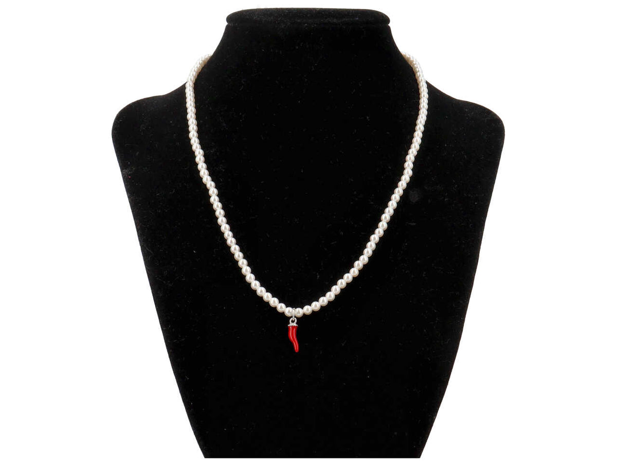 Collana perle piccole pendente corno