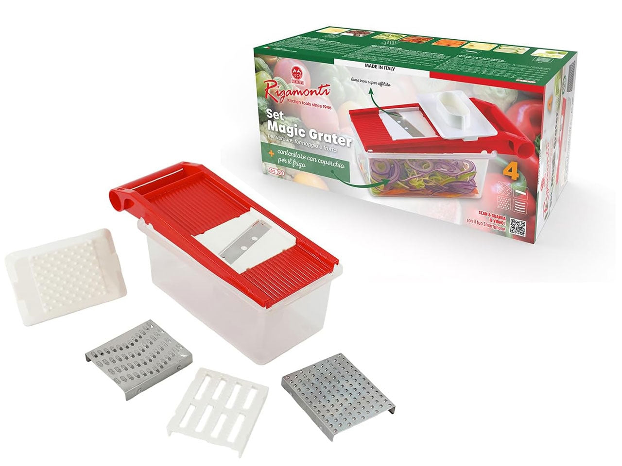 Affettaverdure magic grater con box e quattro inserti intercambiabili