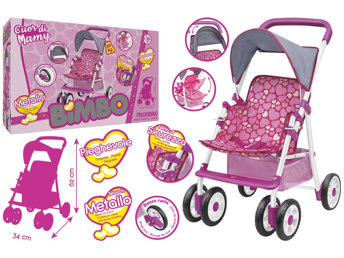 Bimbo con passeggino 6 ruote pieghevole 62cm h con parasole