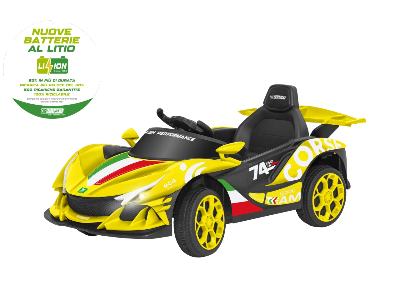 E-spidko auto a batteria li-ion 12v di colore giallo $