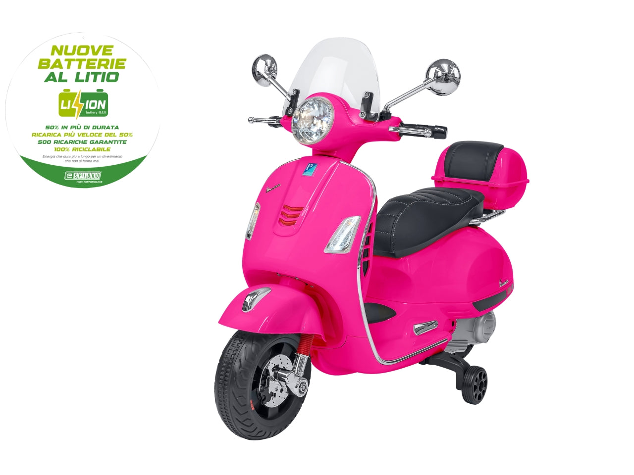 E-spidko vespa a batteria li-ion gts 12v di colore rosa