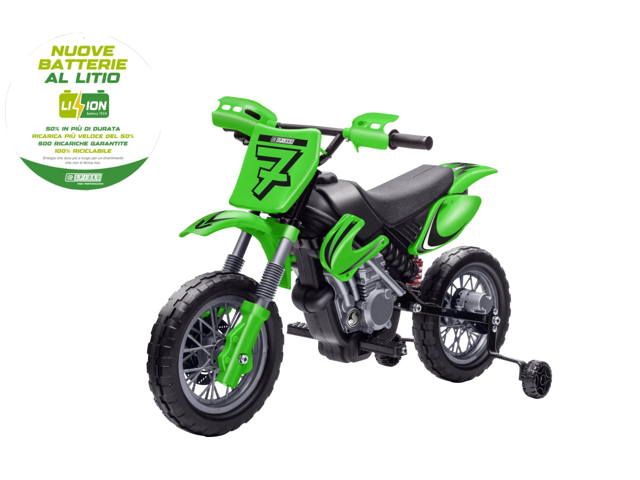 E-spidko moto cross a batteria li-ion 12v di colore verde