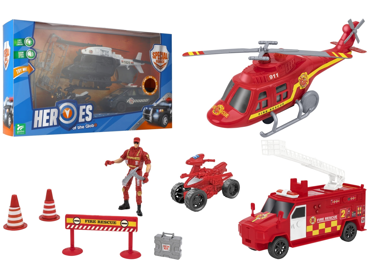 Heroes of the globe playset batteria polizia vigili del fuoco con veicoli e personaggi