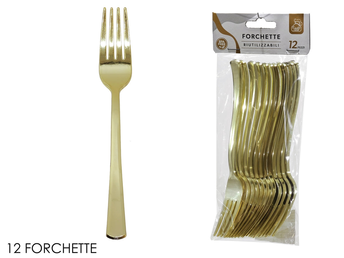 Forchette in plastica, confezione da 12 pezzi oro