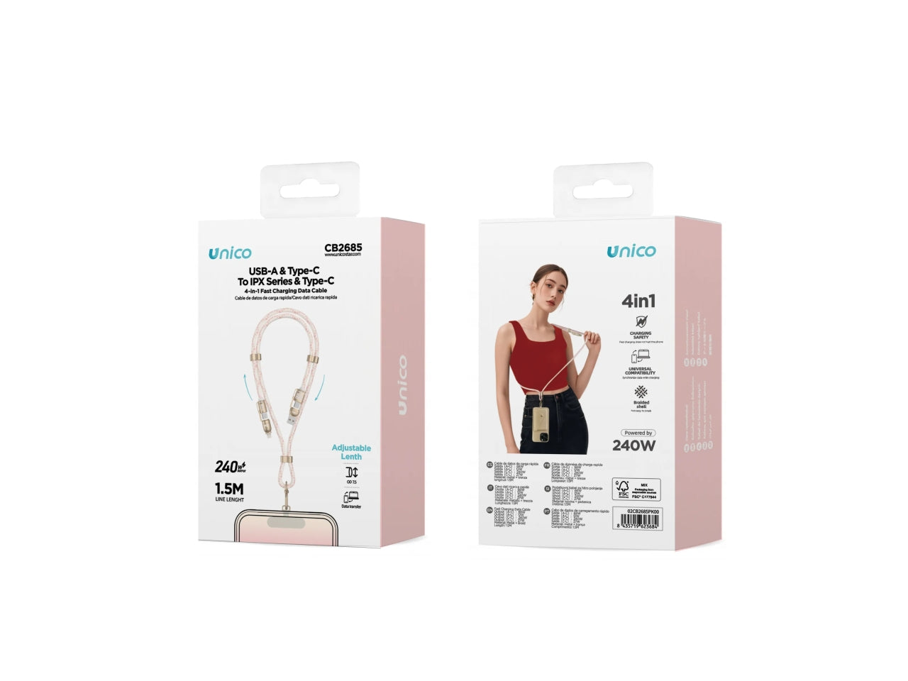 Cavo dati regolabile da appendere al collo A&C a C&L 240W 4 in 1, 1,5m (02UNICO,CB2685,rosa)