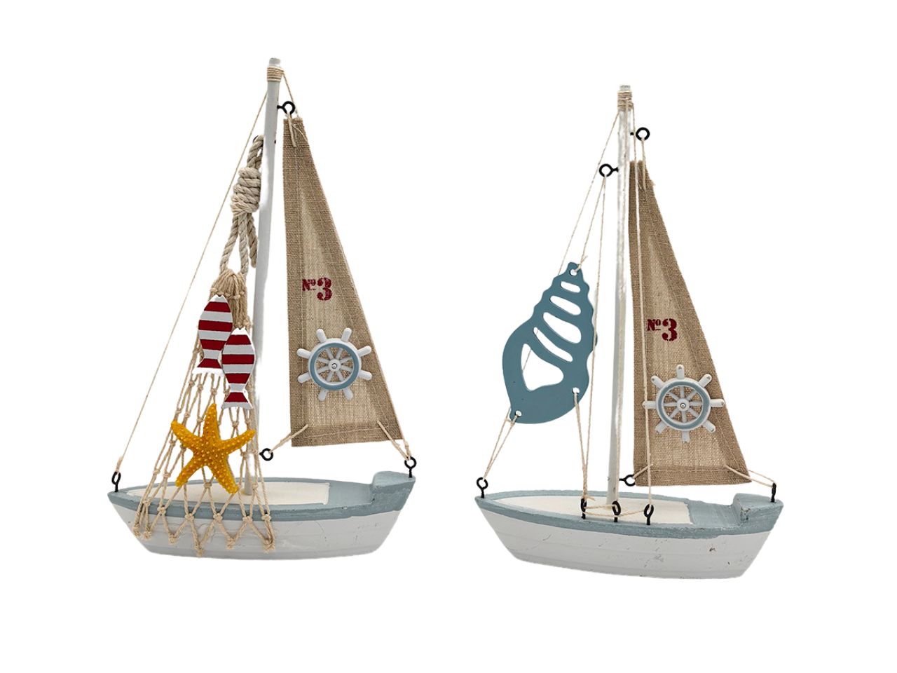 Barca legno cnela rete vela tessuto h.25x16cm