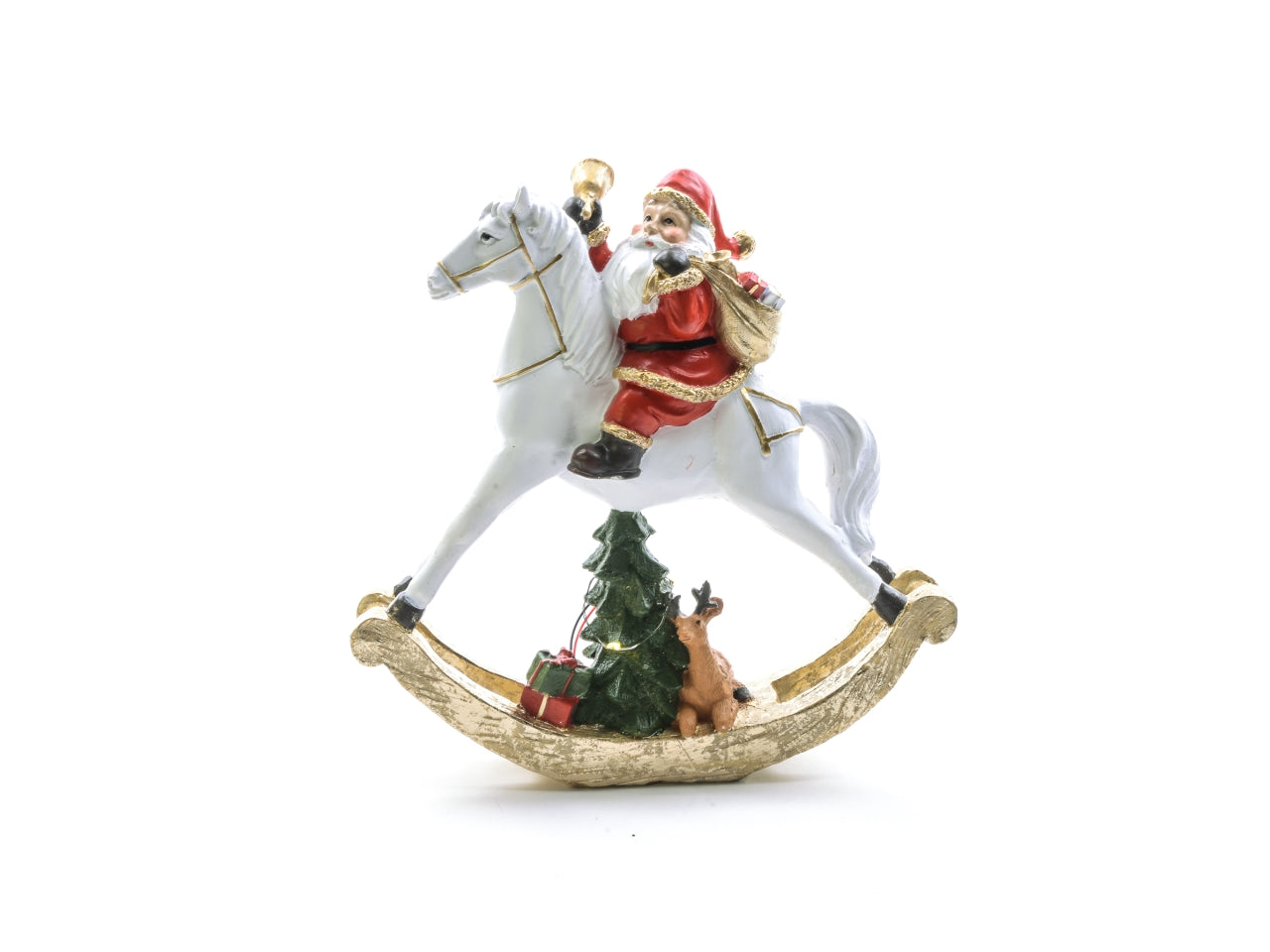 Babbo natale su cavallo a dondolo in poliresina con luci 24,5x8xh.24,5cm