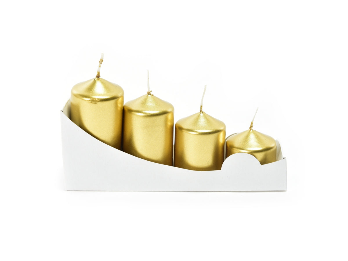 Candela moccolo varie misure 3,9x4/5,5/7/8cm in confezione da 4 pezzi oro