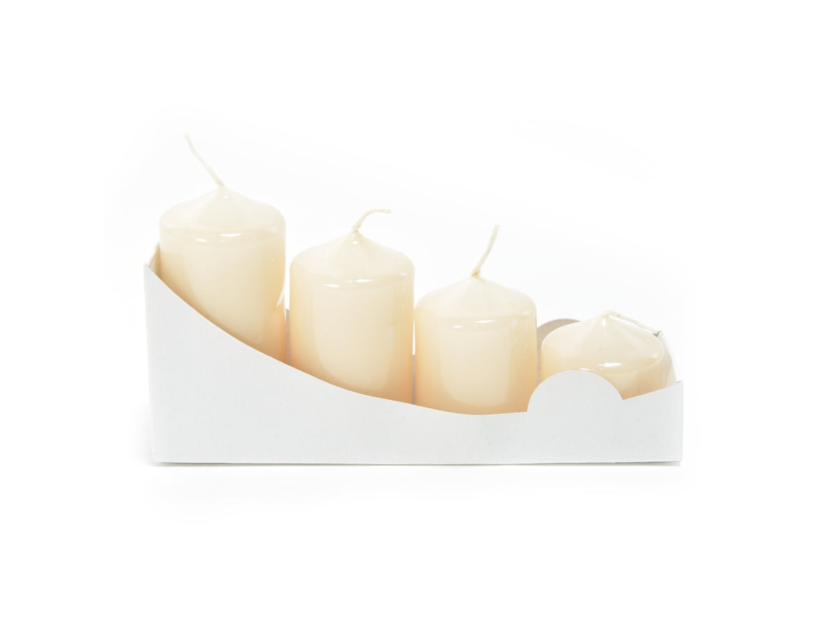 Candela moccolo varie misure 3,9x4/5.5/7/8cm in confezione da 4 pezzi avorio lucido