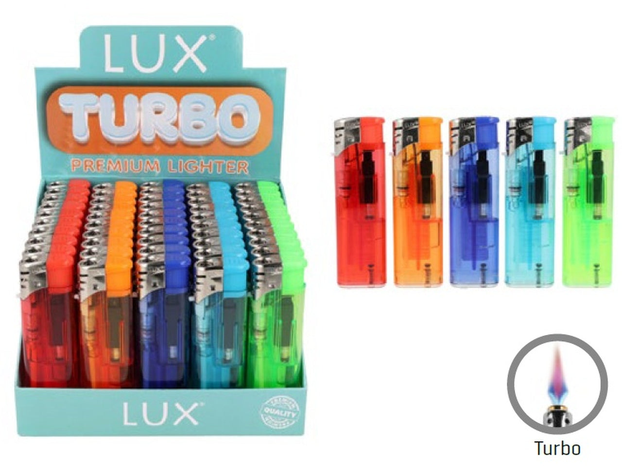 Accendino Lux Turbo trasparente confezione da 50 accendini assortiti