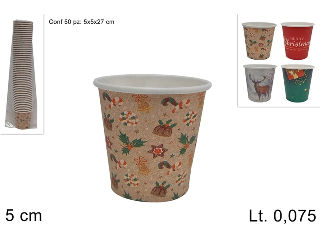 Bicchieri in carta da caffe' 75cc fantasia natalizia in confezione da 50 pezzi