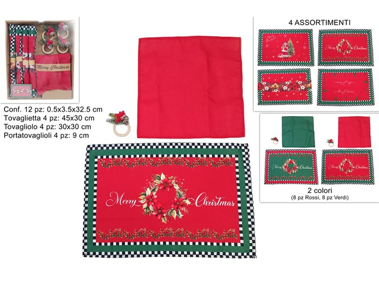 Tovaglietta con tovagliolo e portatovglioli 4 pezzi colori assortiti