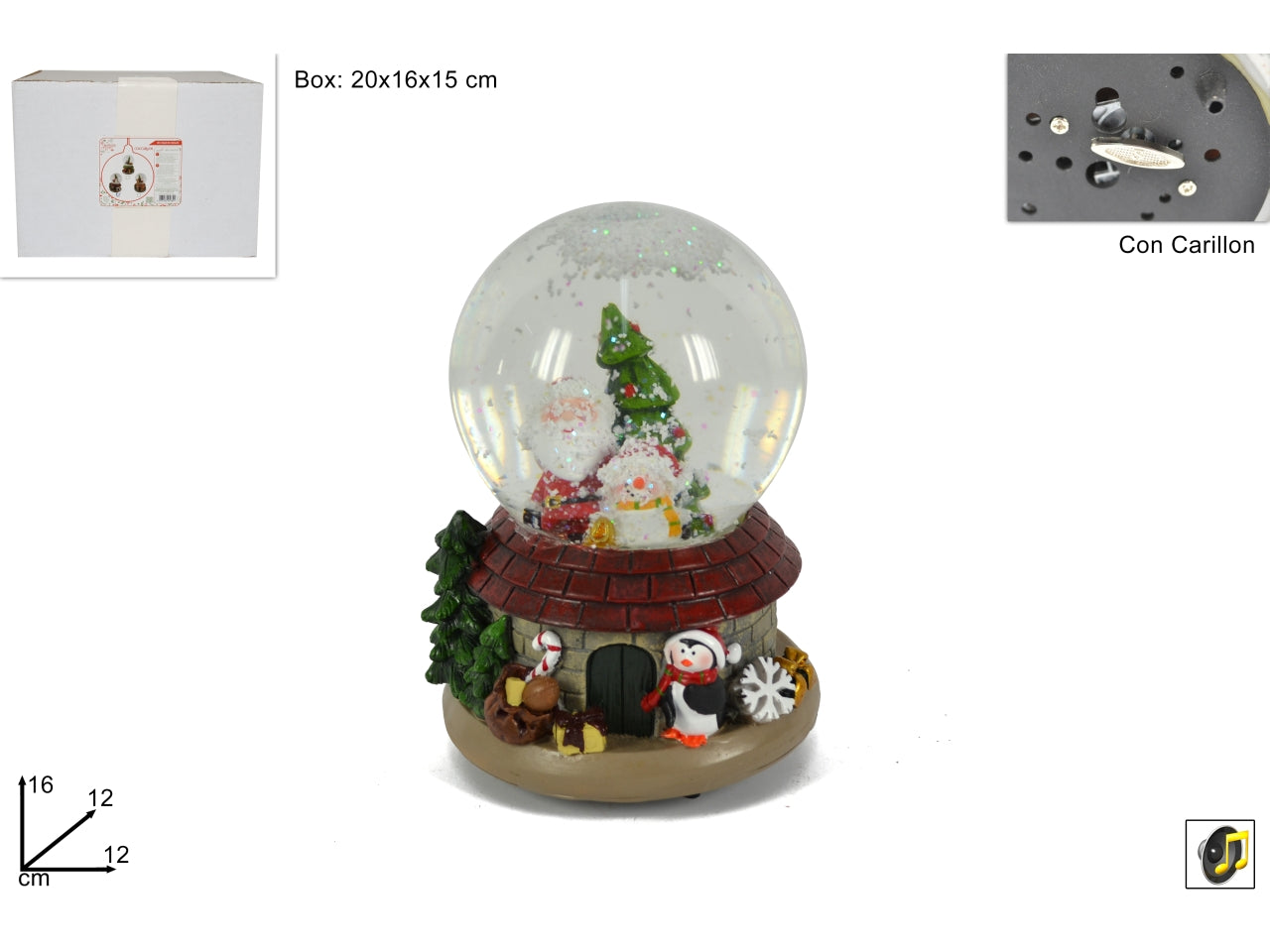 Ampolla 16cm con babbo natale e carillon