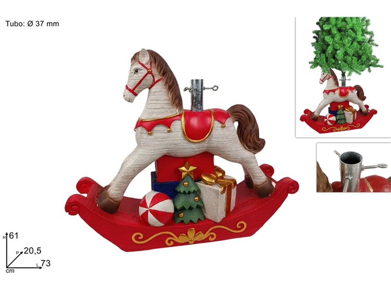 Base albero cavalluccio a dondolo con decoro rosso 73x20,5xh.61cm tubo37mm